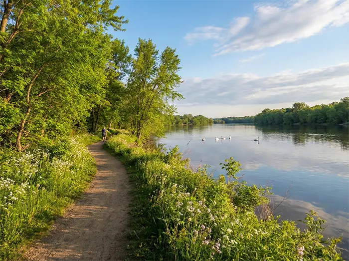 Scenic riverside trails and the famous wintering grounds for Trumpeter Swans.